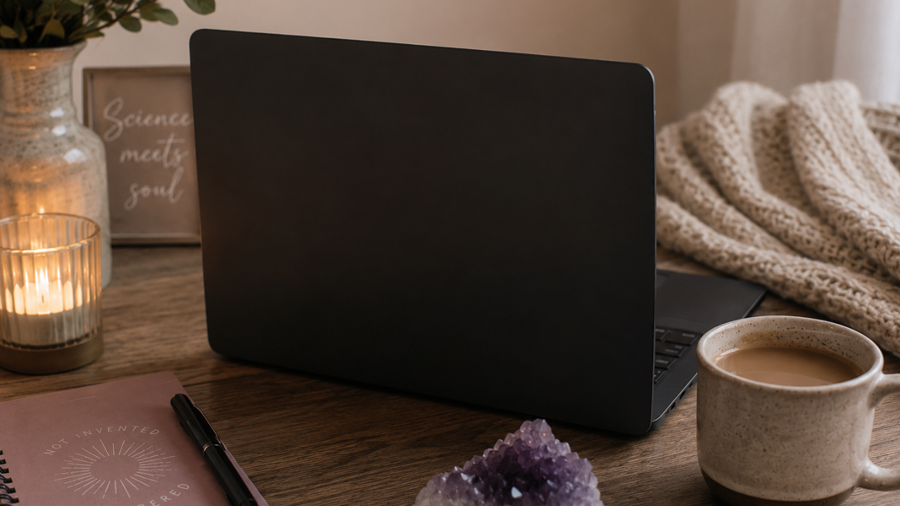 Branded header image featuring a laptop, cup of tea, journal and amethyst 