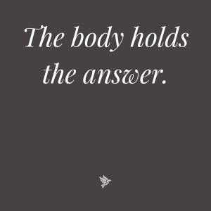 Charcoal background with white italic text reading The body holds the answer. Sora Soul Collective brand graphic.