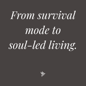 Charcoal background with white italic text reading From survival mode to soul-led living. Sora Soul Collective brand graphic.