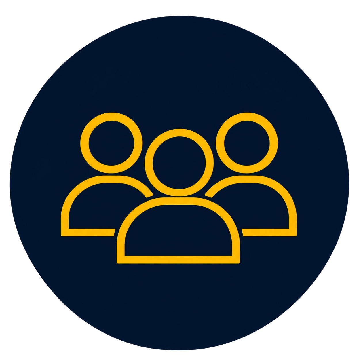This gold-on-dark-navy icon featuring three stylized figures represents team or personnel concepts and is used by numerous organizations including commercial insurance firms, financial services, and church ministries.