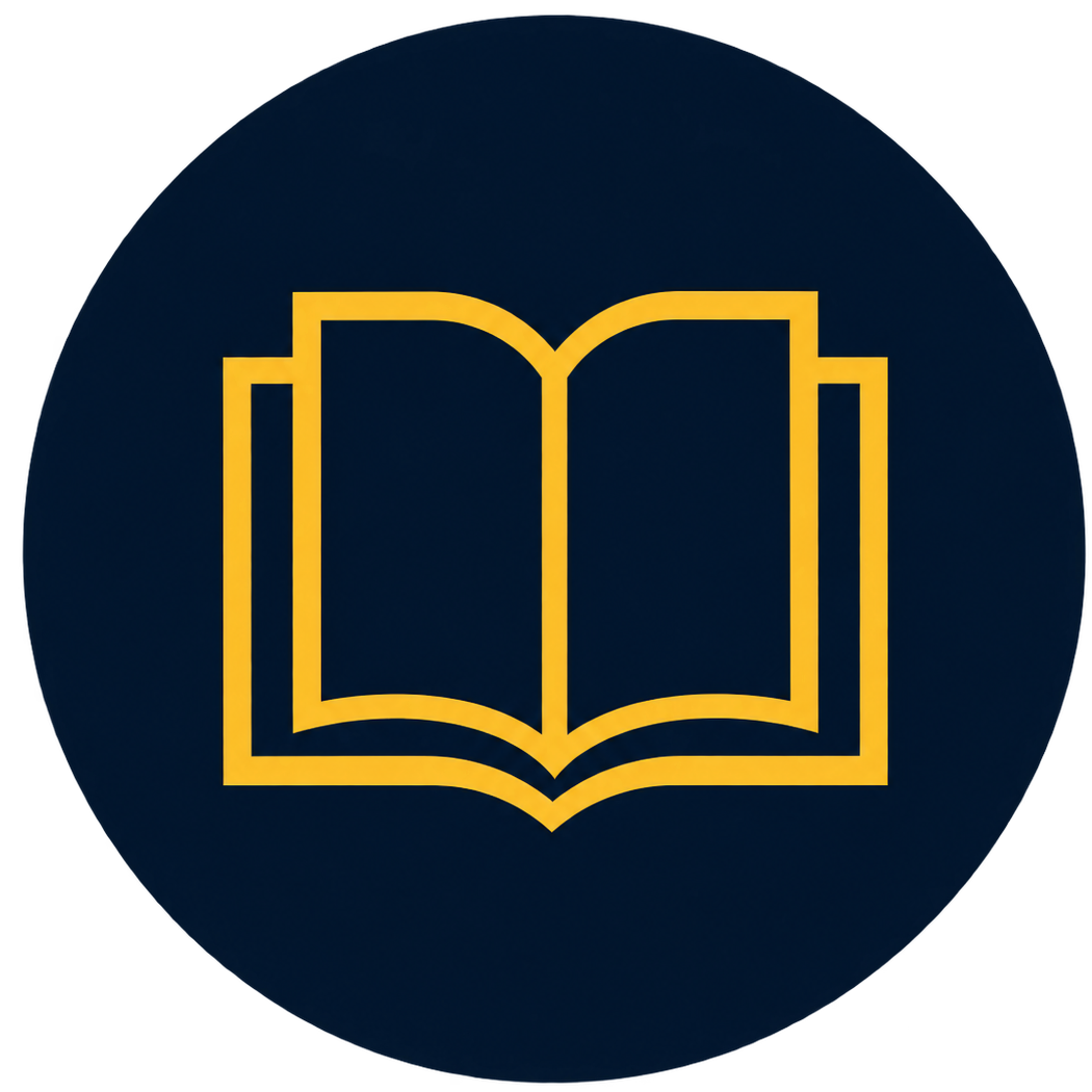 This icon features a stylized golden book illustration set against a dark circular background.