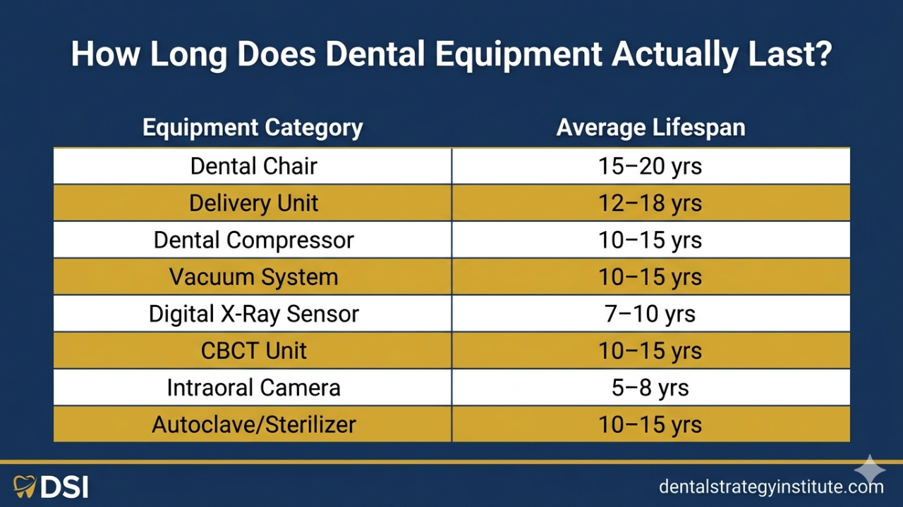 equipment valuation through DentalAssetIQ — these are the lifespan benchmarks that matter