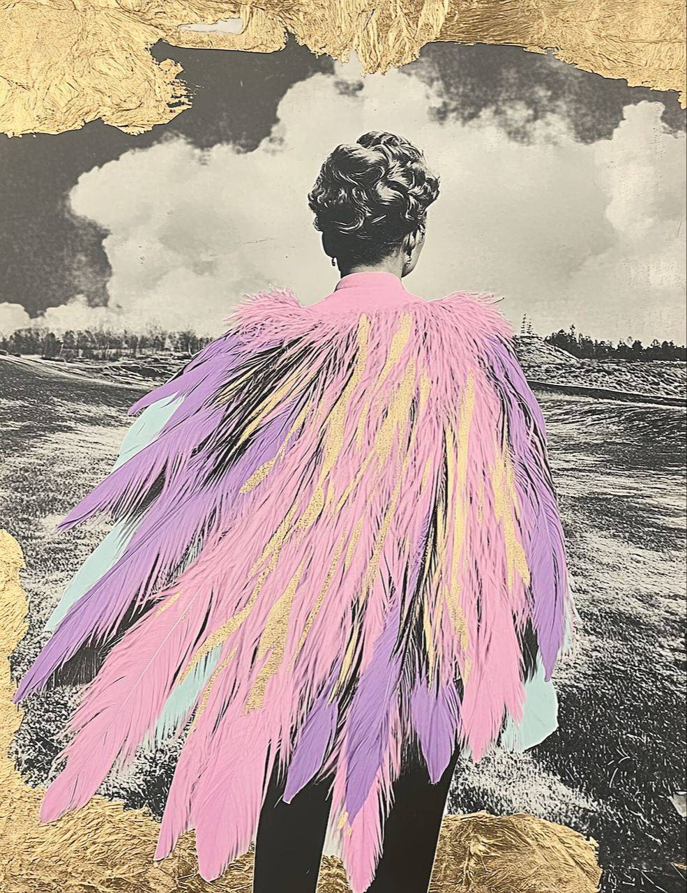 A woman in a dramatic feathered cape facing an open landscape
