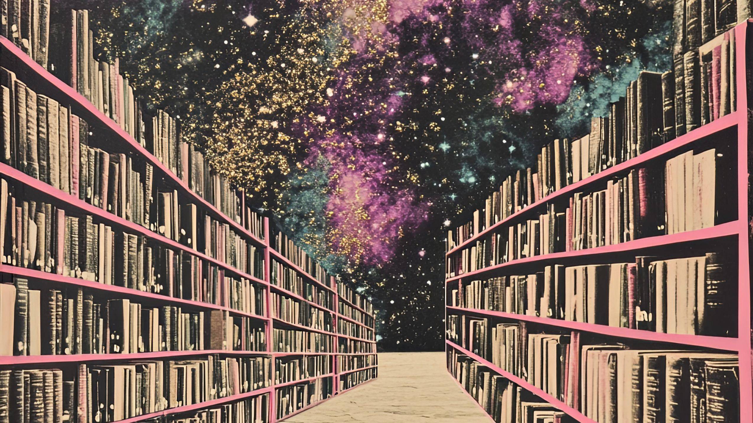 A cosmic library opening into a star-filled sky