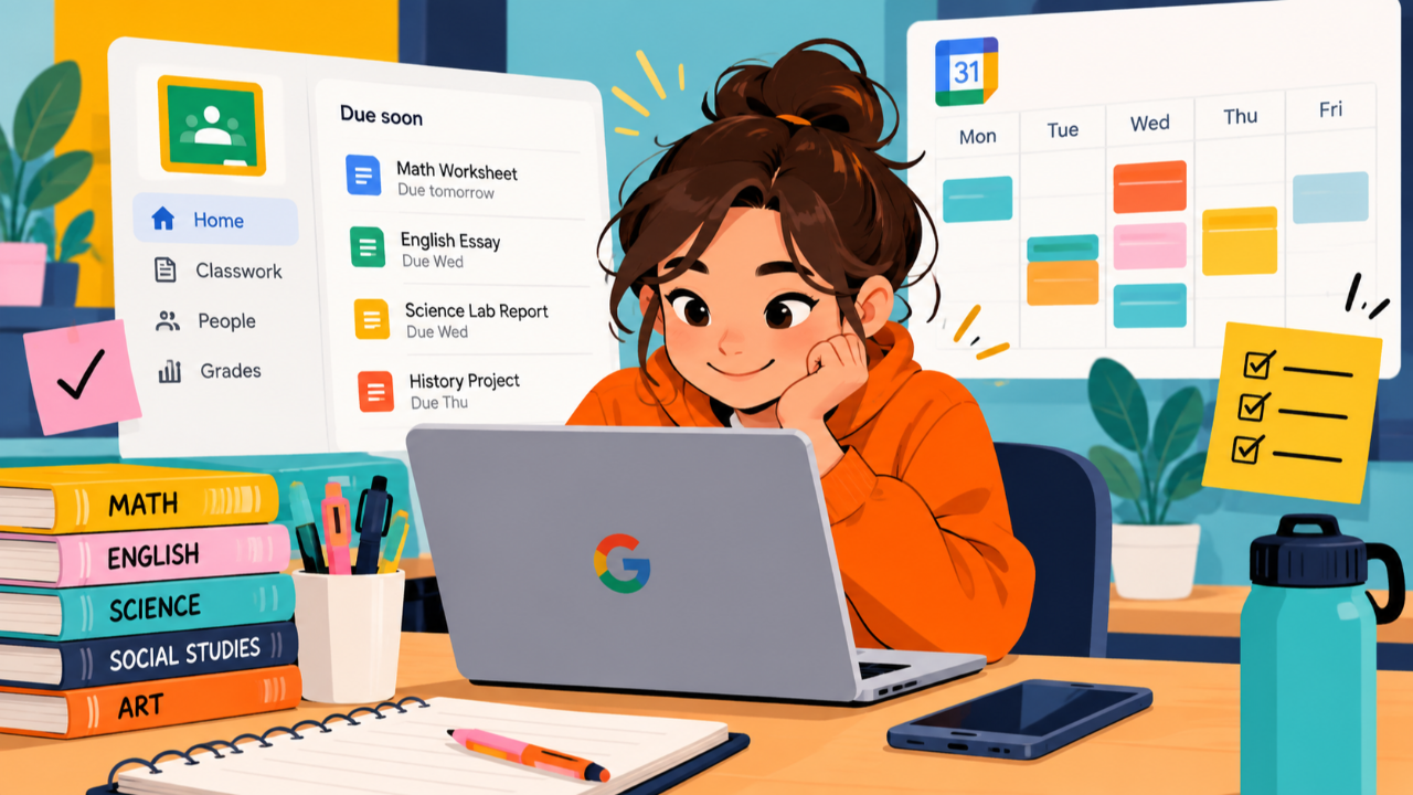 Student using Google Classroom and Google Calendar to organize school assignments