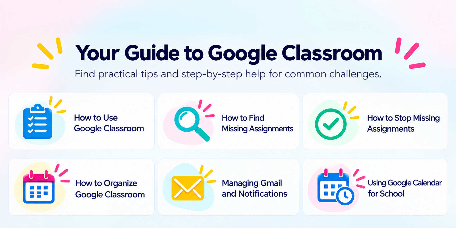 Your Guide to Google Classroom: six illustrated topics including assignments, organization, Gmail and Calendar