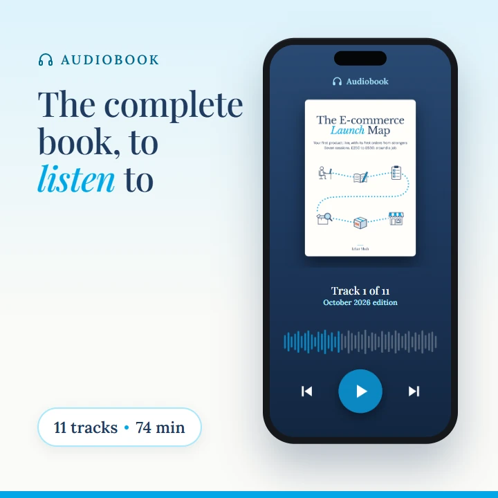 The E-commerce Launch Map audiobook on a phone player: the complete book, 11 tracks, about 74 minutes.