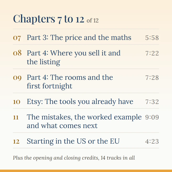 Chapters 7 to 12 of 12: 7, Part 3: The price and the maths (5:58); 8, Part 4: Where you sell it and the listing (7:22); 9, Part 4: The rooms and the first fortnight (7:28); 10, Etsy: The tools you already have (7:32); 11, The mistakes, the worked example and what comes next (9:09); 12, Starting in the US or the EU (4:23). Plus the opening and closing credits, 14 tracks in all.