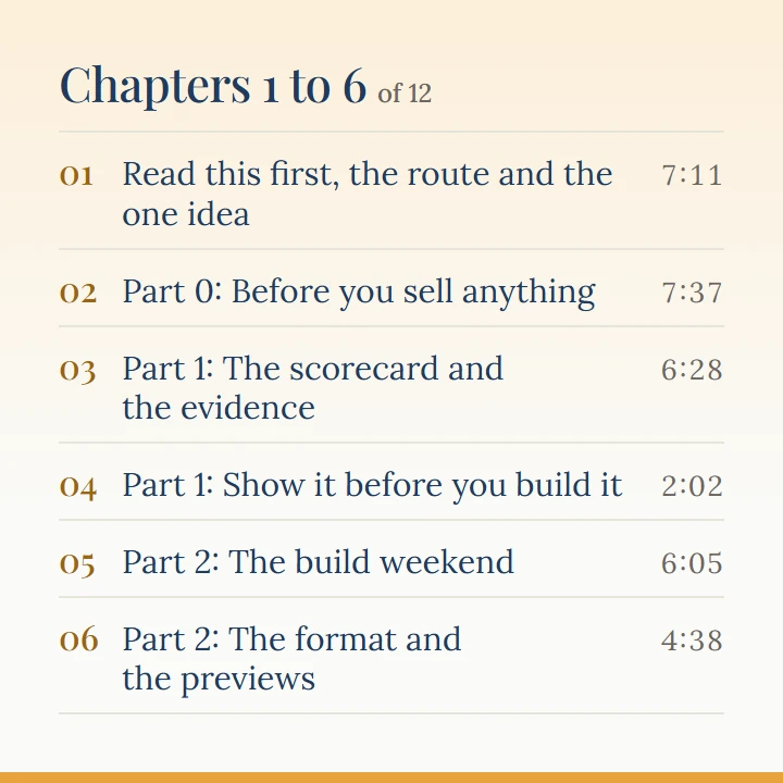 Chapters 1 to 6 of 12: 1, Read this first, the route and the one idea (7:11); 2, Part 0: Before you sell anything (7:37); 3, Part 1: The scorecard and the evidence (6:28); 4, Part 1: Show it before you build it (2:02); 5, Part 2: The build weekend (6:05); 6, Part 2: The format and the previews (4:38).