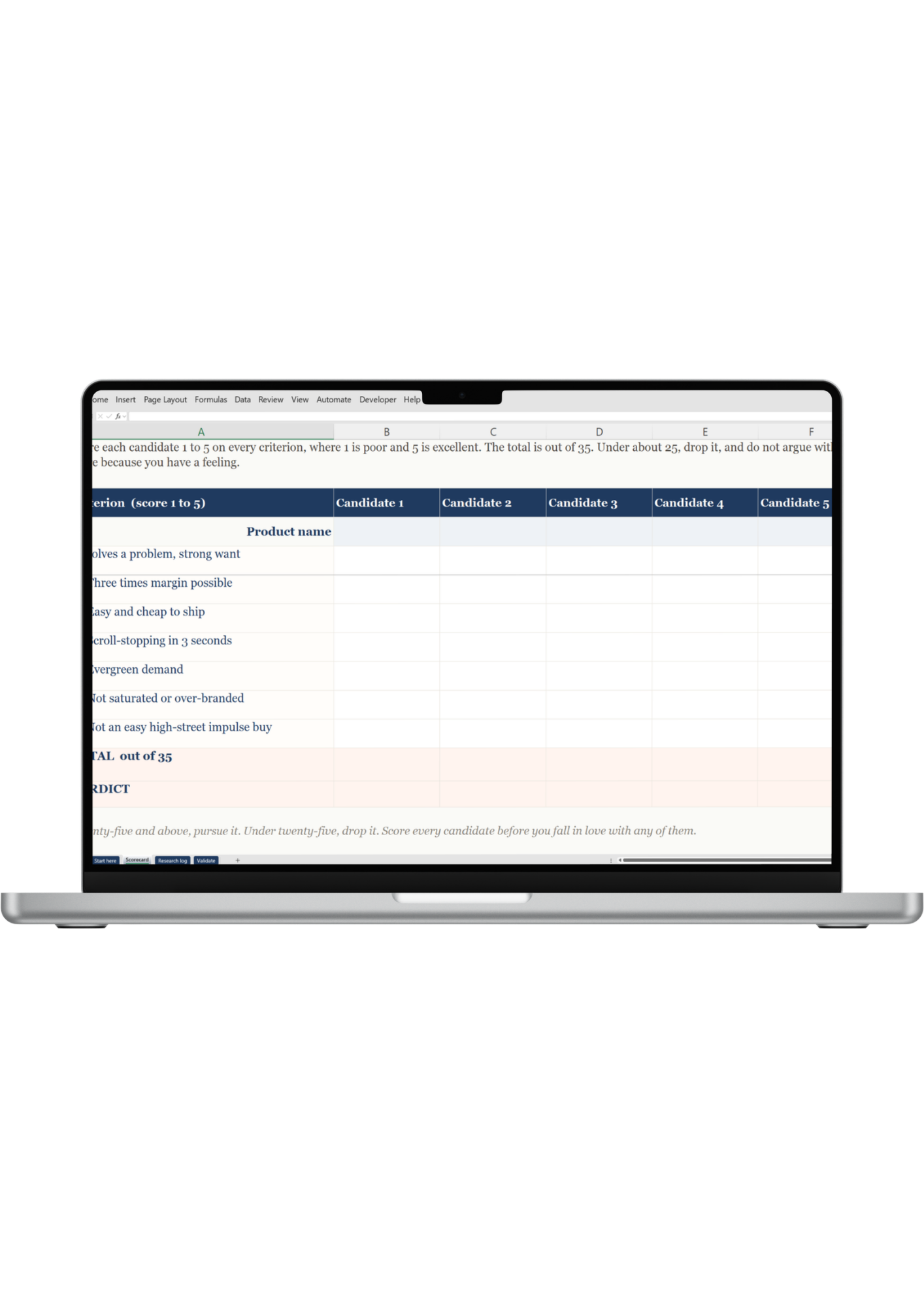 The Product Research Checklist spreadsheet open on a laptop
