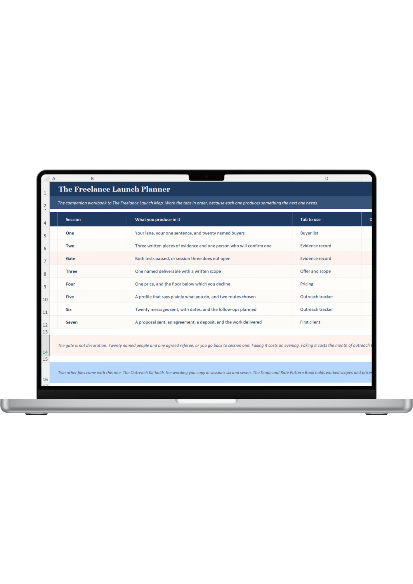 The Freelance Launch Planner spreadsheet open on a laptop