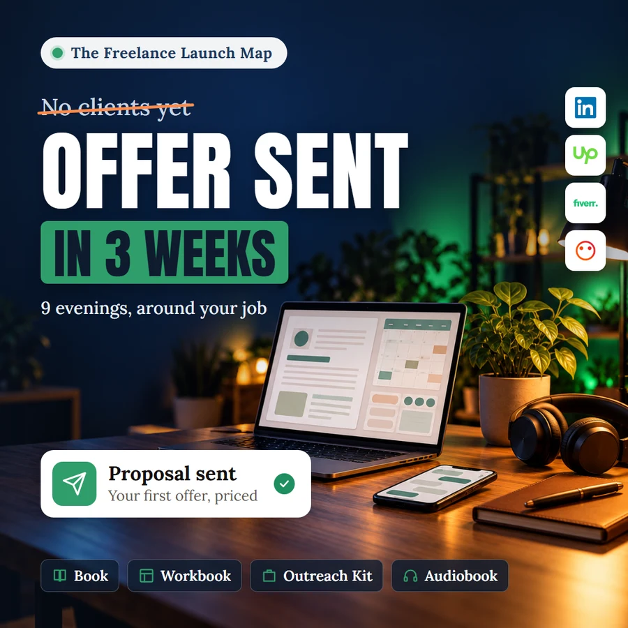 The Freelance Launch Map: from no clients yet to your first offer sent in 3 weeks, 9 evenings around your job. Book, workbook, Outreach Kit and audiobook.