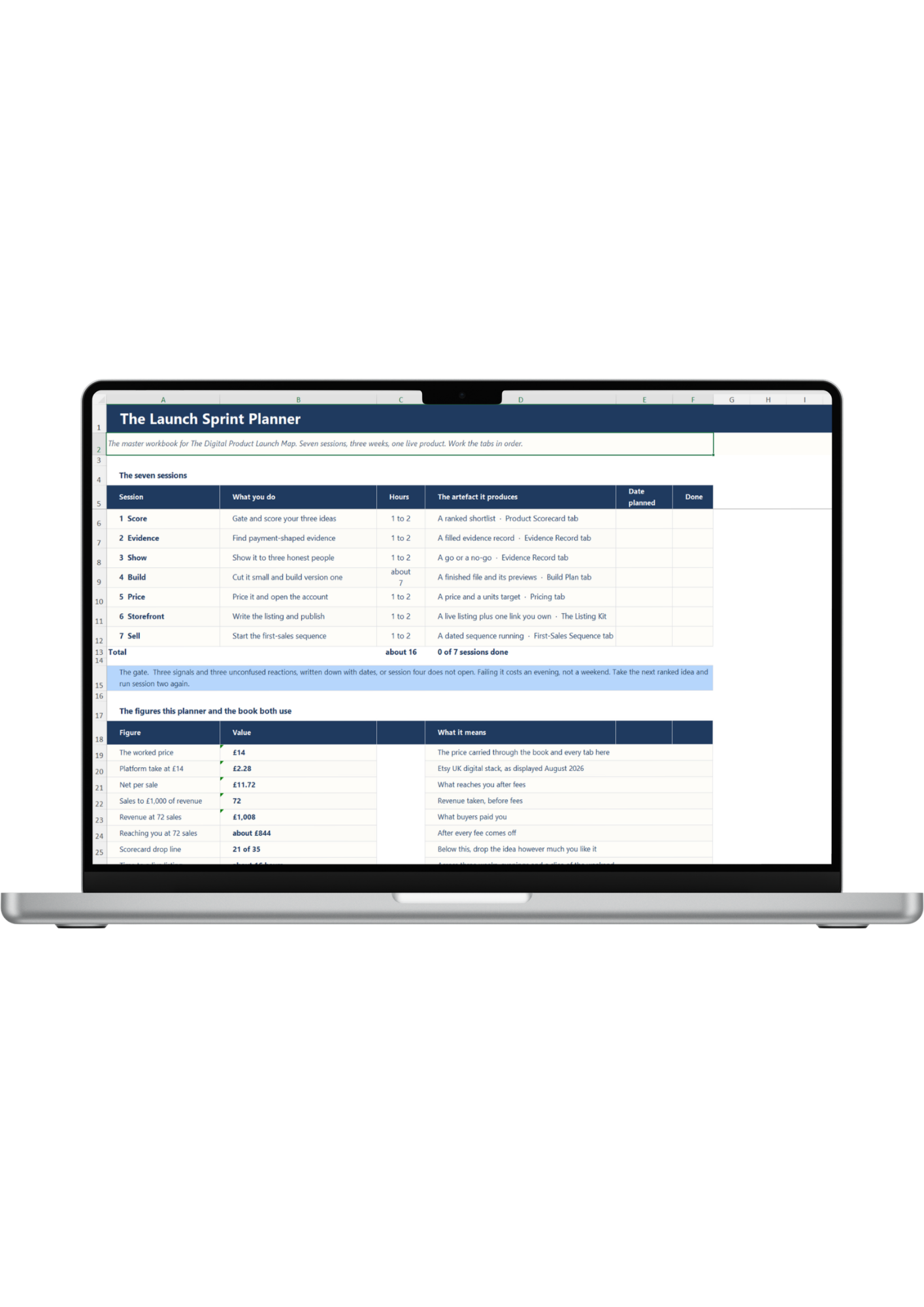 The Launch Sprint Planner spreadsheet open on a laptop