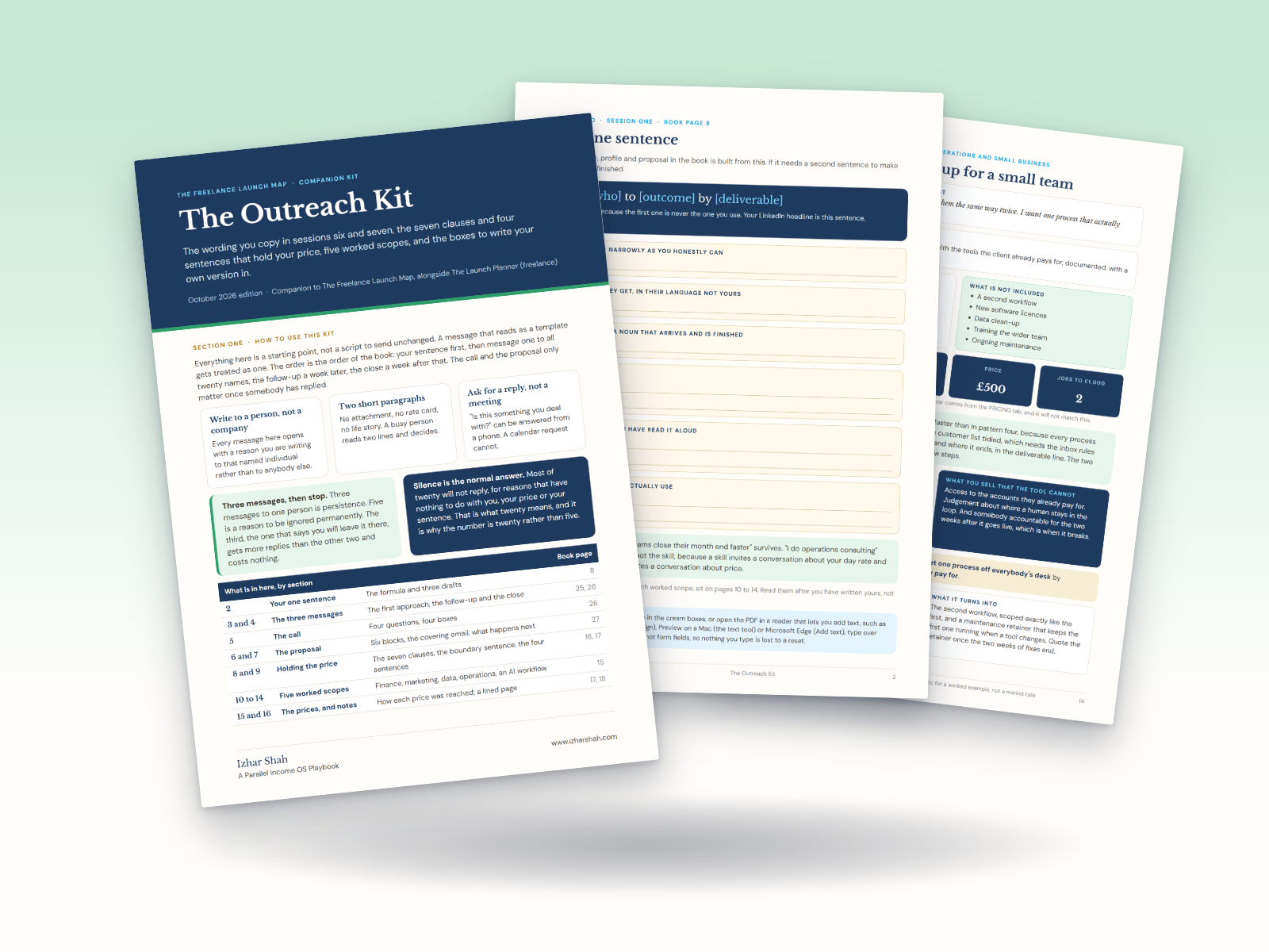 The Outreach Kit: its contents page, the message page and a worked scope