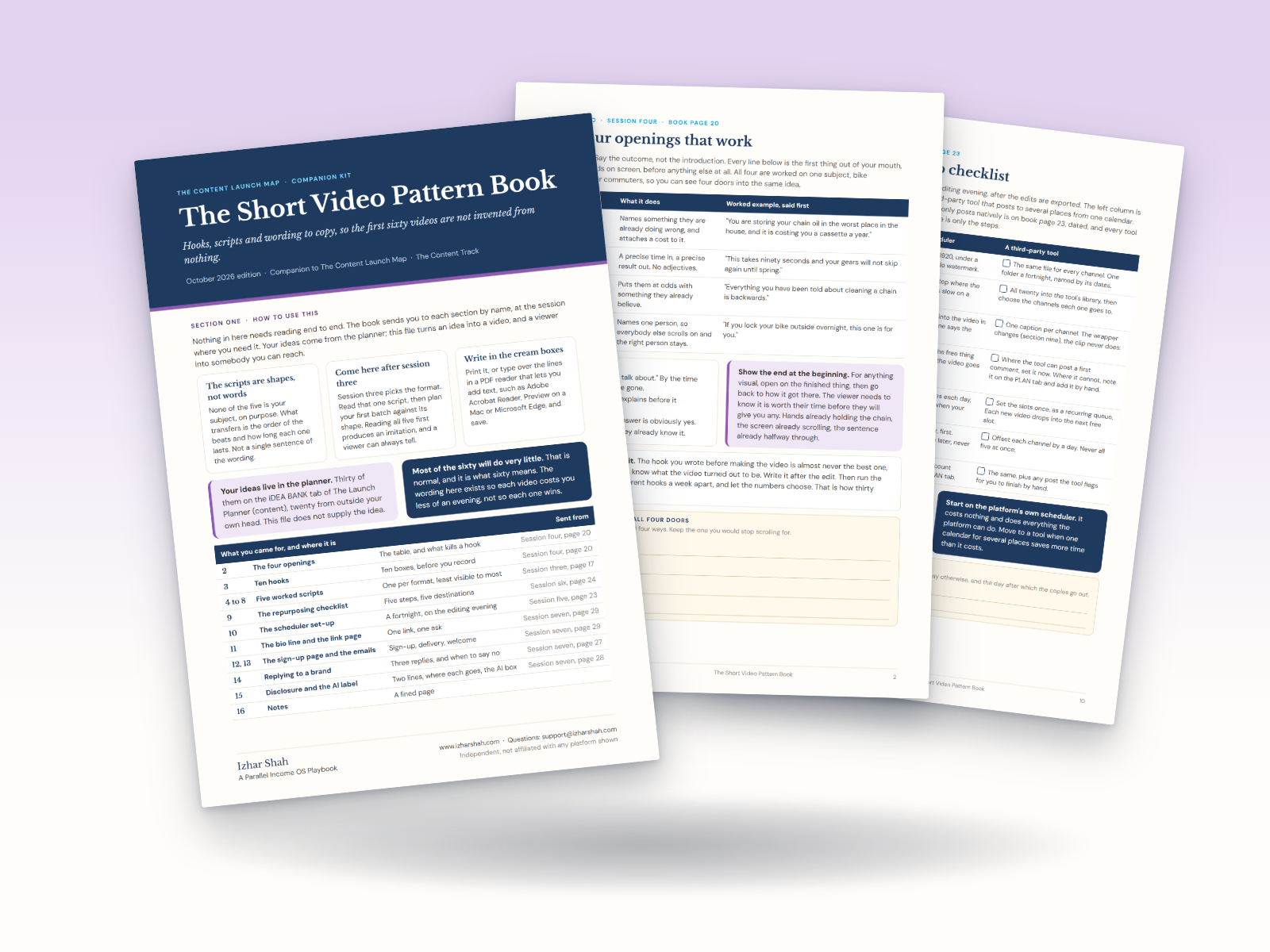 The Short Video Pattern Book: its contents page, the four openings and the scheduler checklist