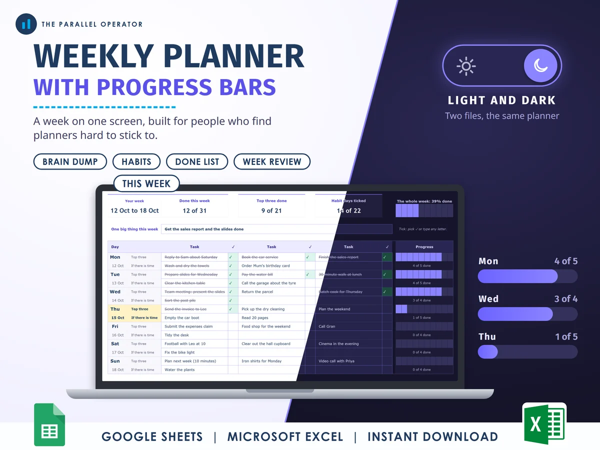 The weekly planner with progress bars