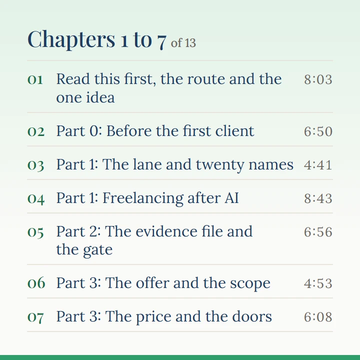 Chapters 1 to 7 of 13: 1, Read this first, the route and the one idea (8:03); 2, Part 0: Before the first client (6:50); 3, Part 1: The lane and twenty names (4:41); 4, Part 1: Freelancing after AI (8:43); 5, Part 2: The evidence file and the gate (6:56); 6, Part 3: The offer and the scope (4:53); 7, Part 3: The price and the doors (6:08).
