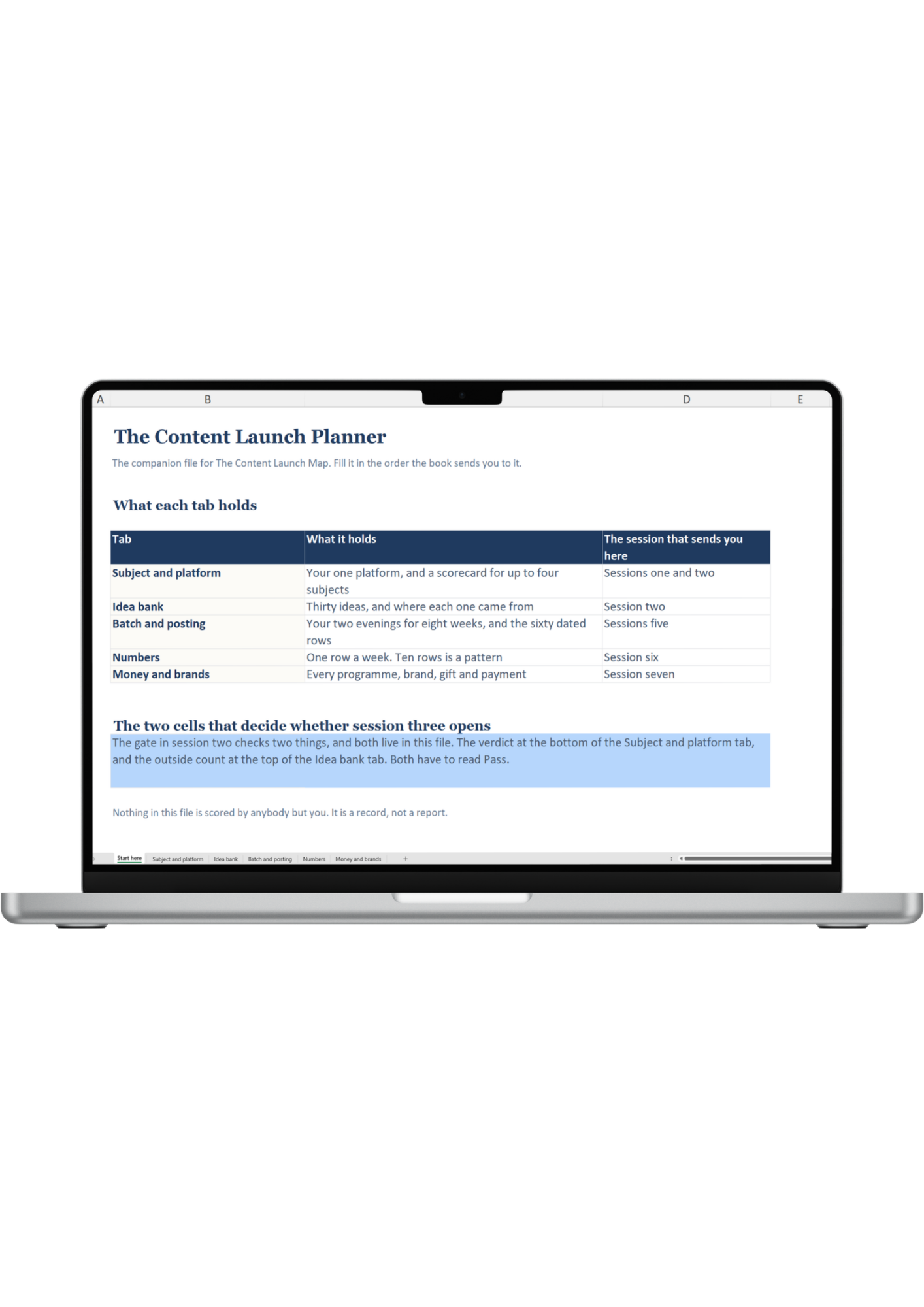 The Content Launch Planner spreadsheet open on a laptop
