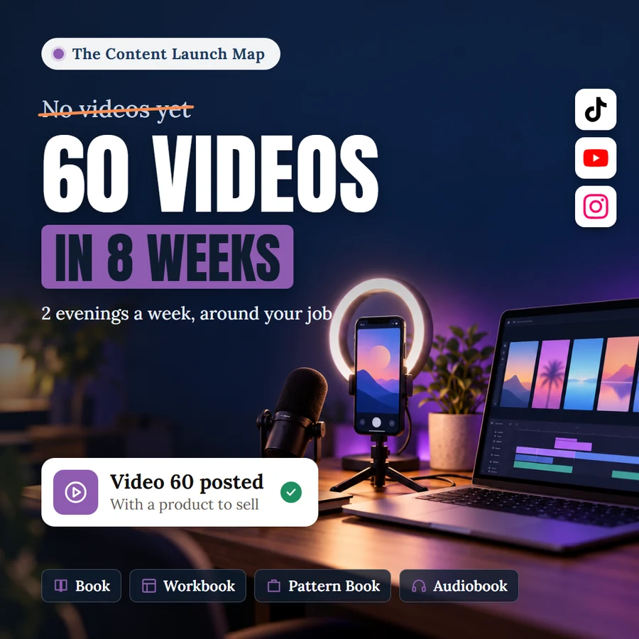 The Content Launch Map: from no videos yet to 60 videos in 8 weeks, 2 evenings a week around your job. Book, workbook, Pattern Book and audiobook.