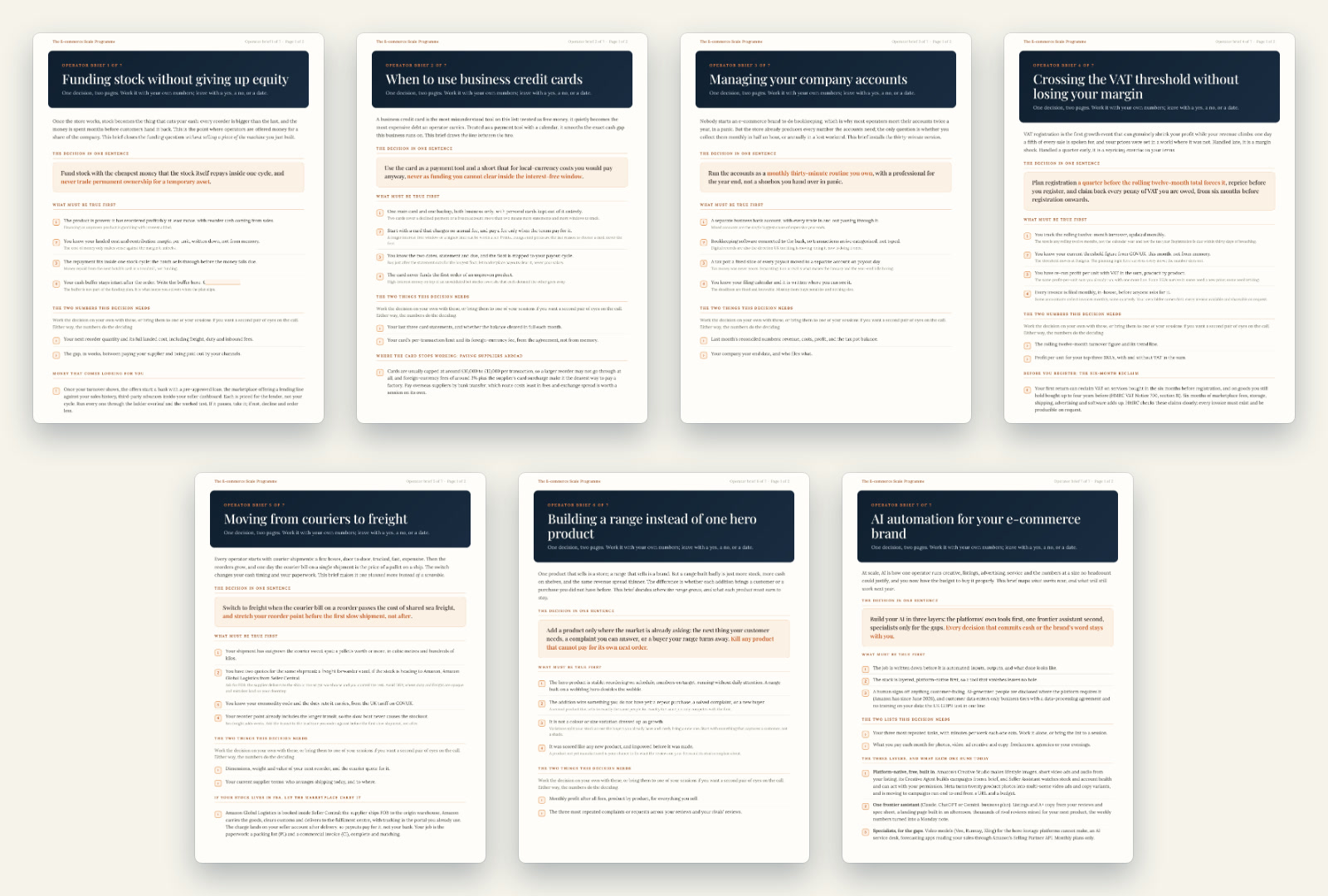 Page one of each of the seven operator briefs
