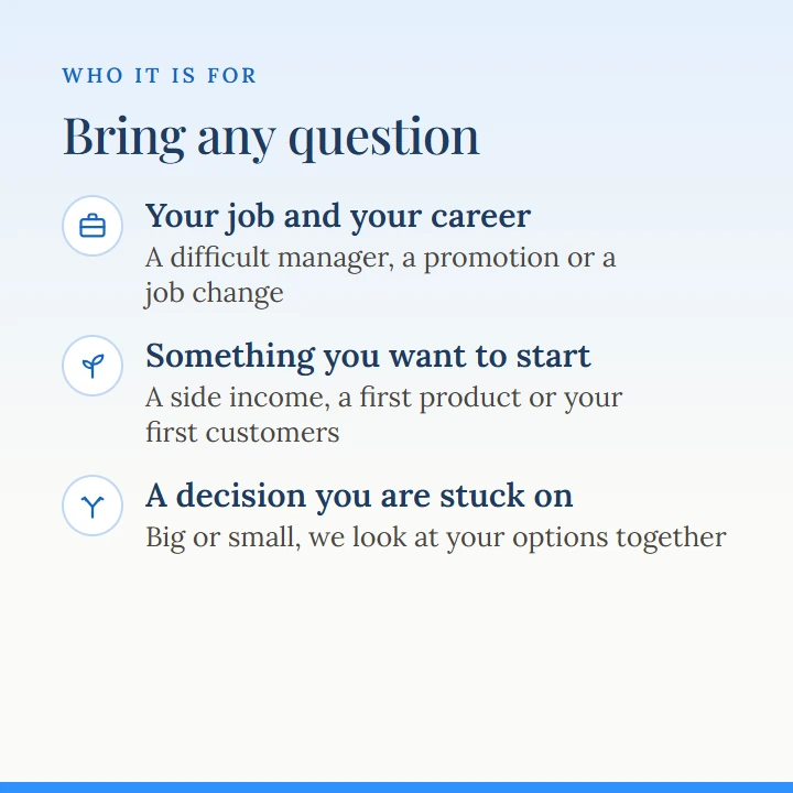 Who it is for: bring any question. Your job and your career (a difficult manager, a promotion or a job change); something you want to start (a side income, a first product or your first customers); a decision you are stuck on (big or small, we look at your options together).