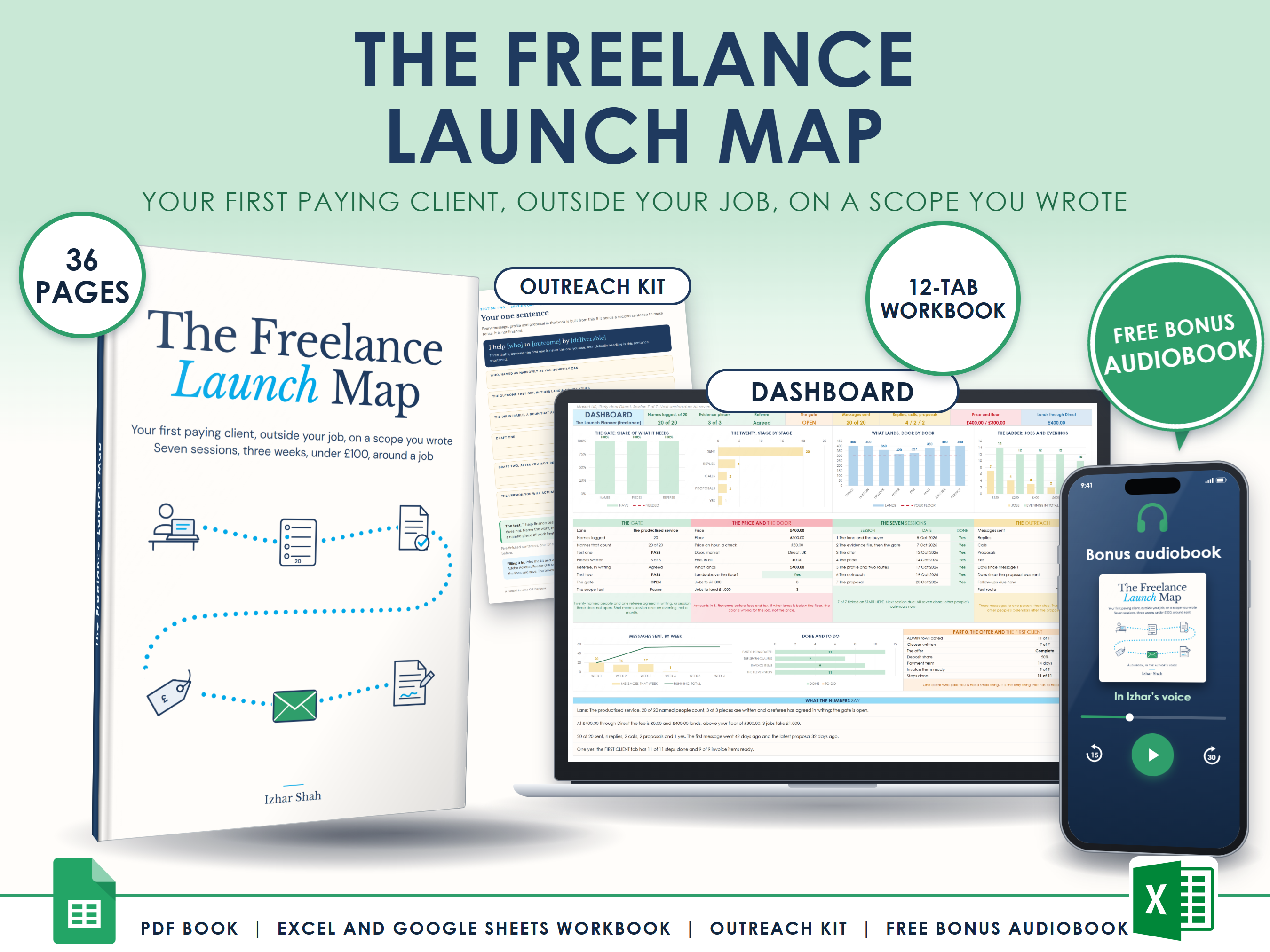 The freelance launch map: the book, the Launch Planner workbook on a laptop, the Outreach Kit and the audiobook