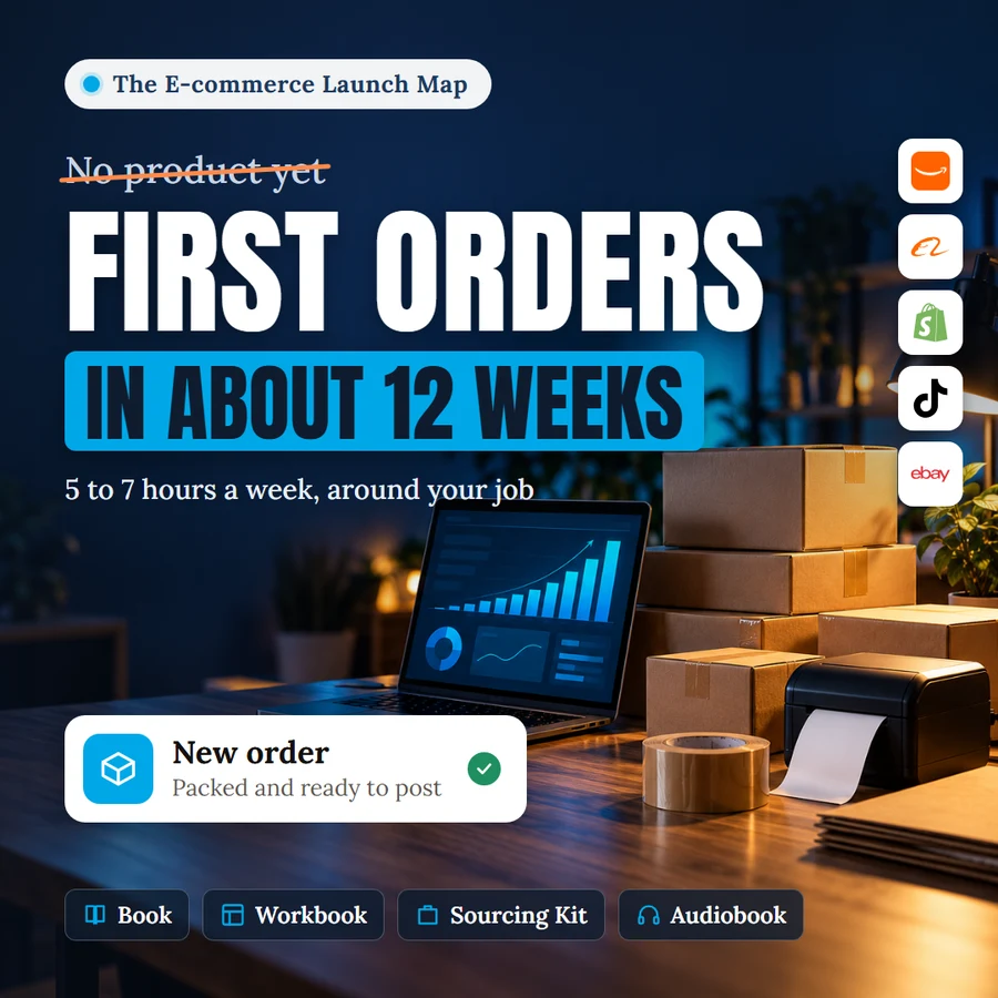 The E-commerce Launch Map: from no product yet to your first orders in about 12 weeks, 5 to 7 hours a week around your job. Book, workbook, Sourcing Kit and audiobook.