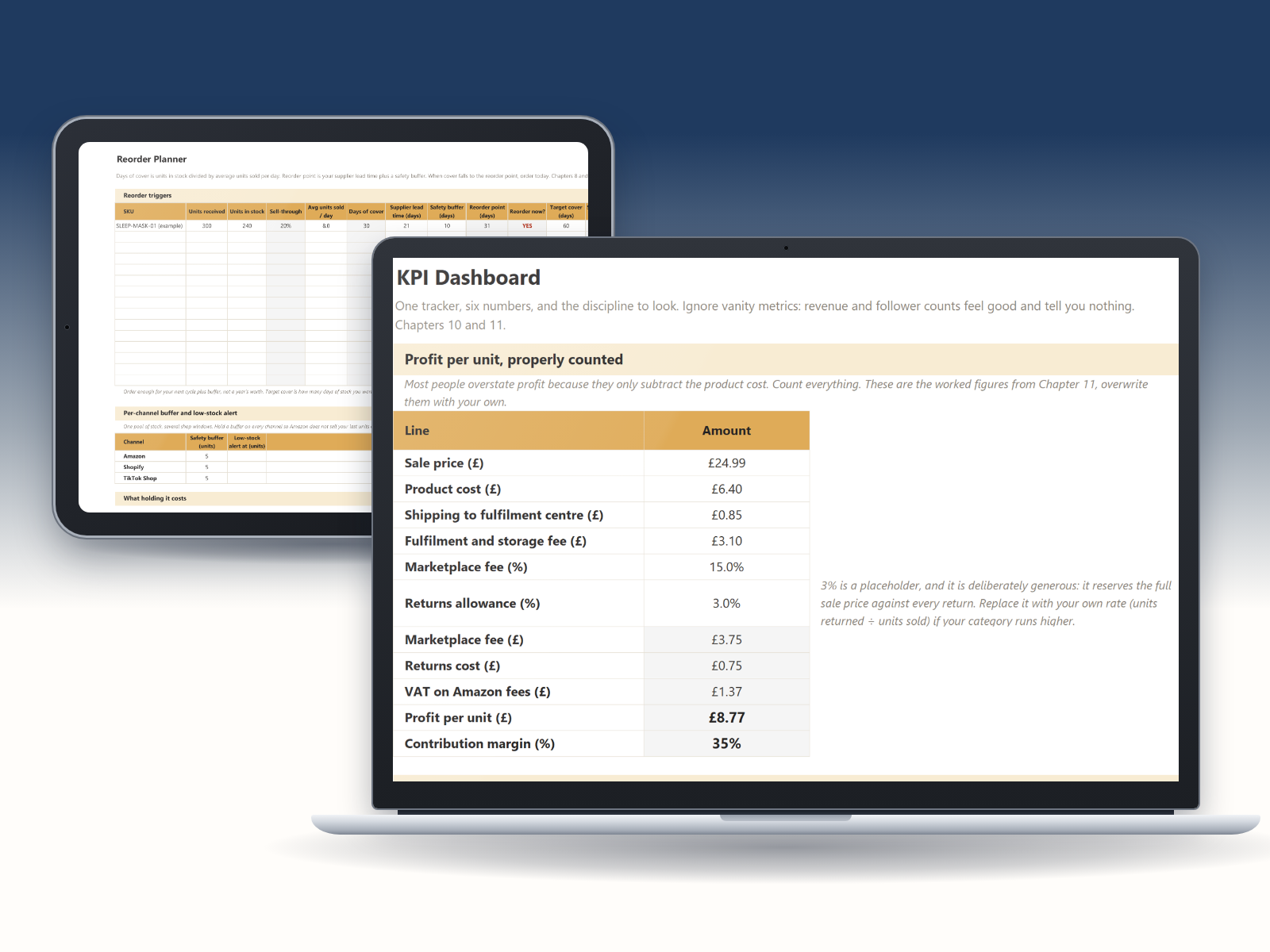 The Lean Store Planner: the KPI Dashboard on a laptop and the Reorder Planner on a tablet