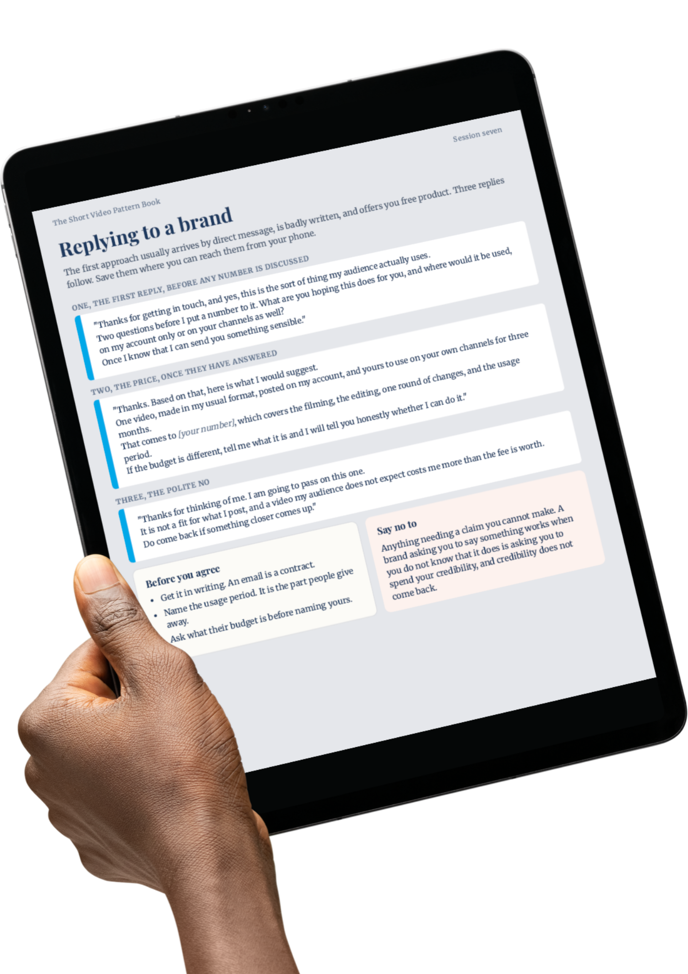 The Short Video Pattern Book on a tablet held in a hand