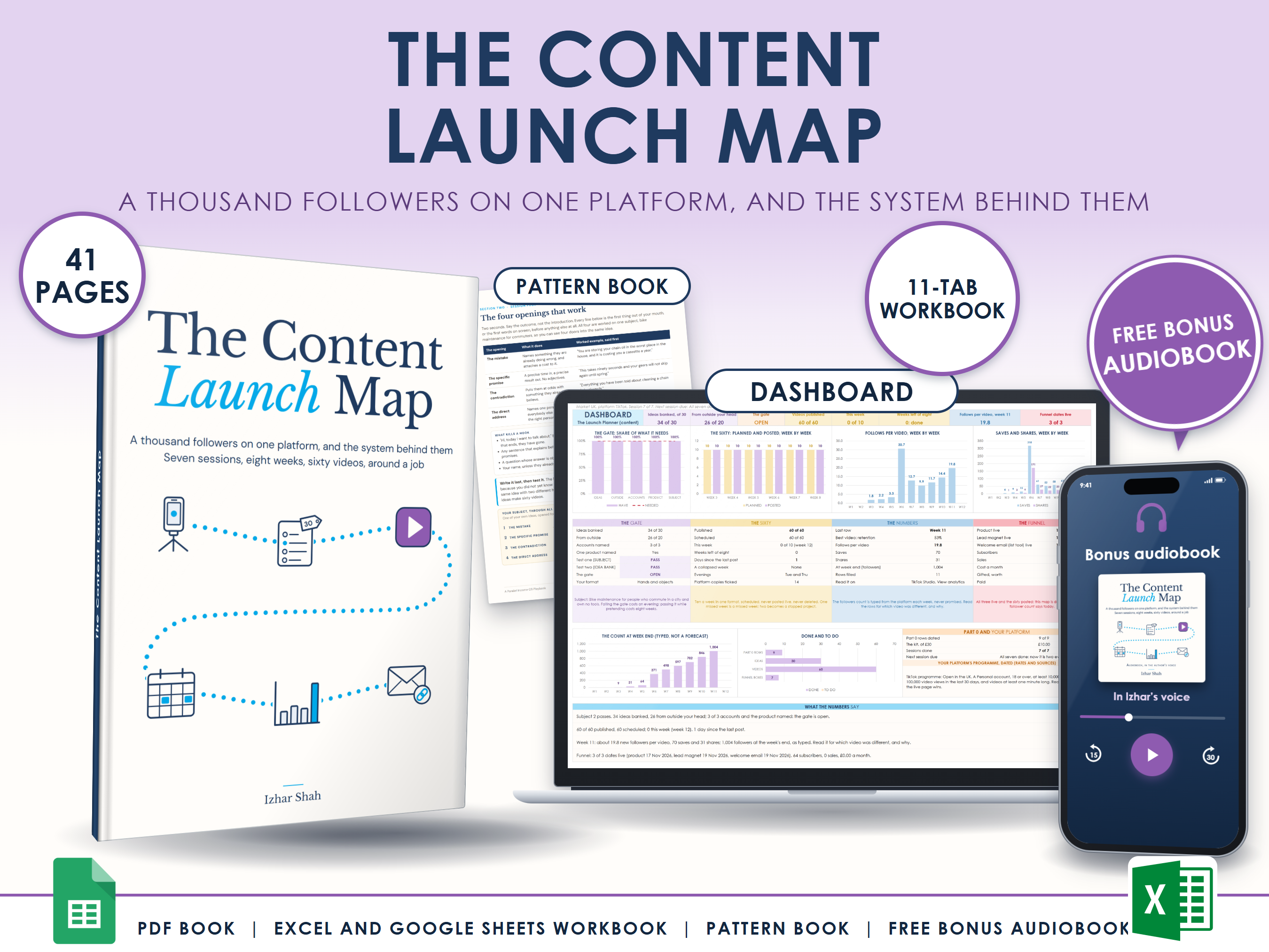 The content launch map: the book, the Launch Planner workbook on a laptop, The Short Video Pattern Book and the audiobook