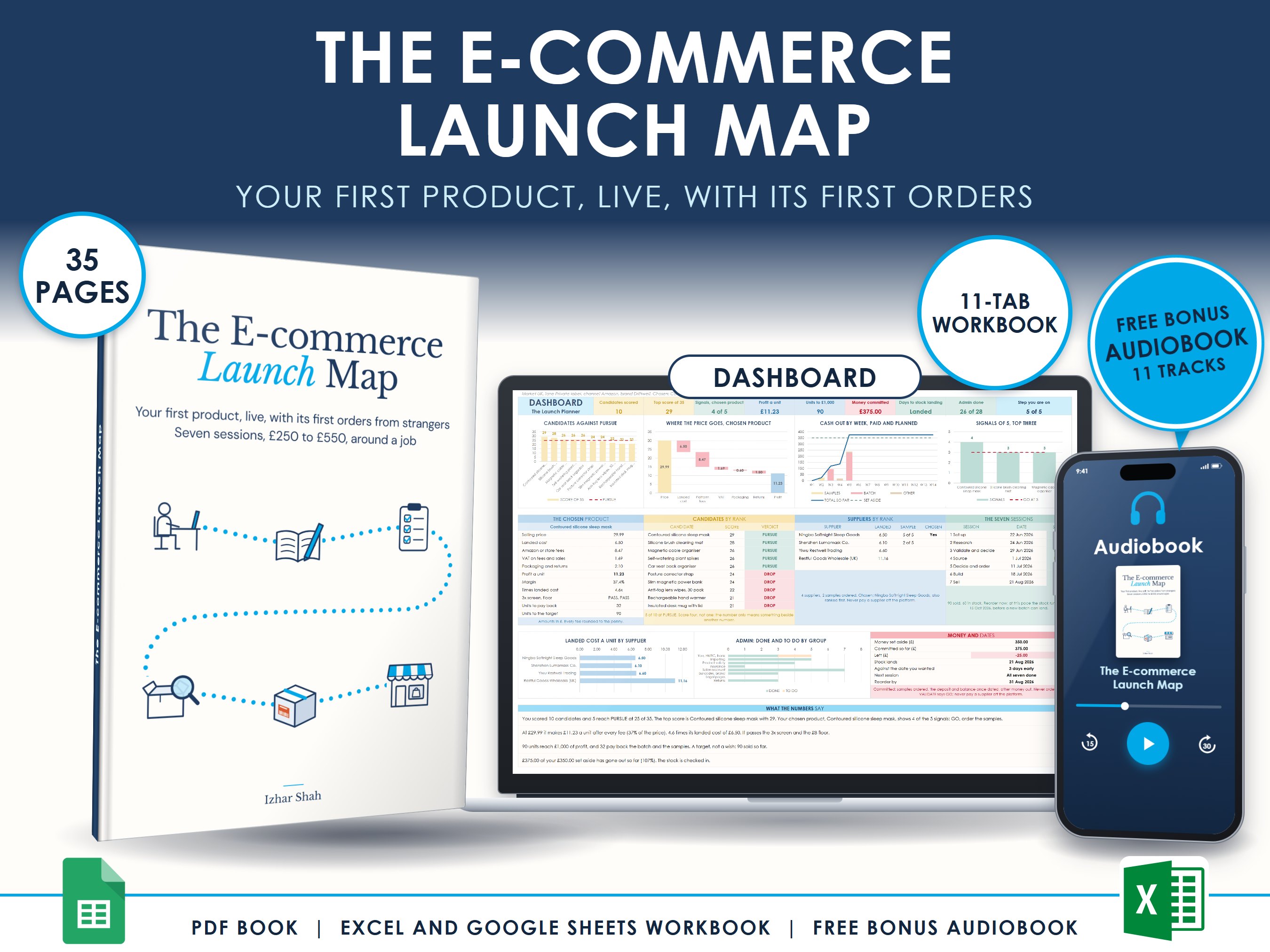 The e-commerce launch map: the book, the Launch Planner workbook on a laptop, the Sourcing Kit and the audiobook