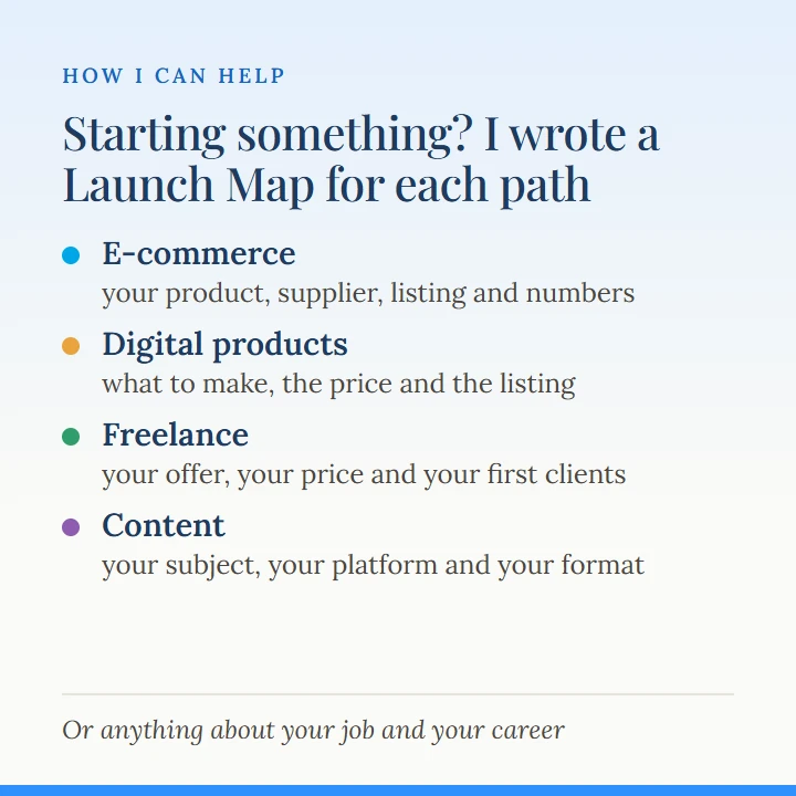 How I can help: starting something? I wrote a Launch Map for each path. E-commerce: your product, supplier, listing and numbers. Digital products: what to make, the price and the listing. Freelance: your offer, your price and your first clients. Content: your subject, your platform and your format. Or anything about your job and your career.