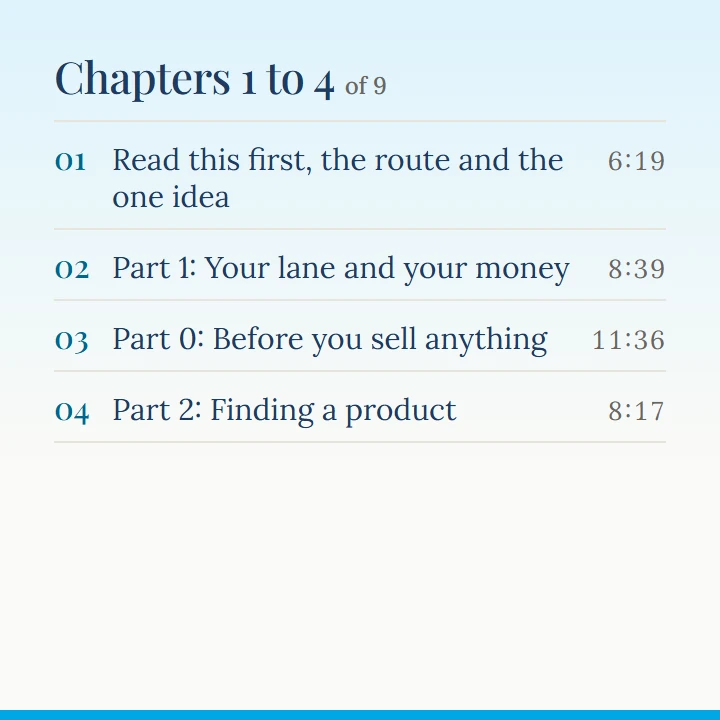 Chapters 1 to 4 of 9: 1, Read this first, the route and the one idea (6:19); 2, Part 1: Your lane and your money (8:39); 3, Part 0: Before you sell anything (11:36); 4, Part 2: Finding a product (8:17).