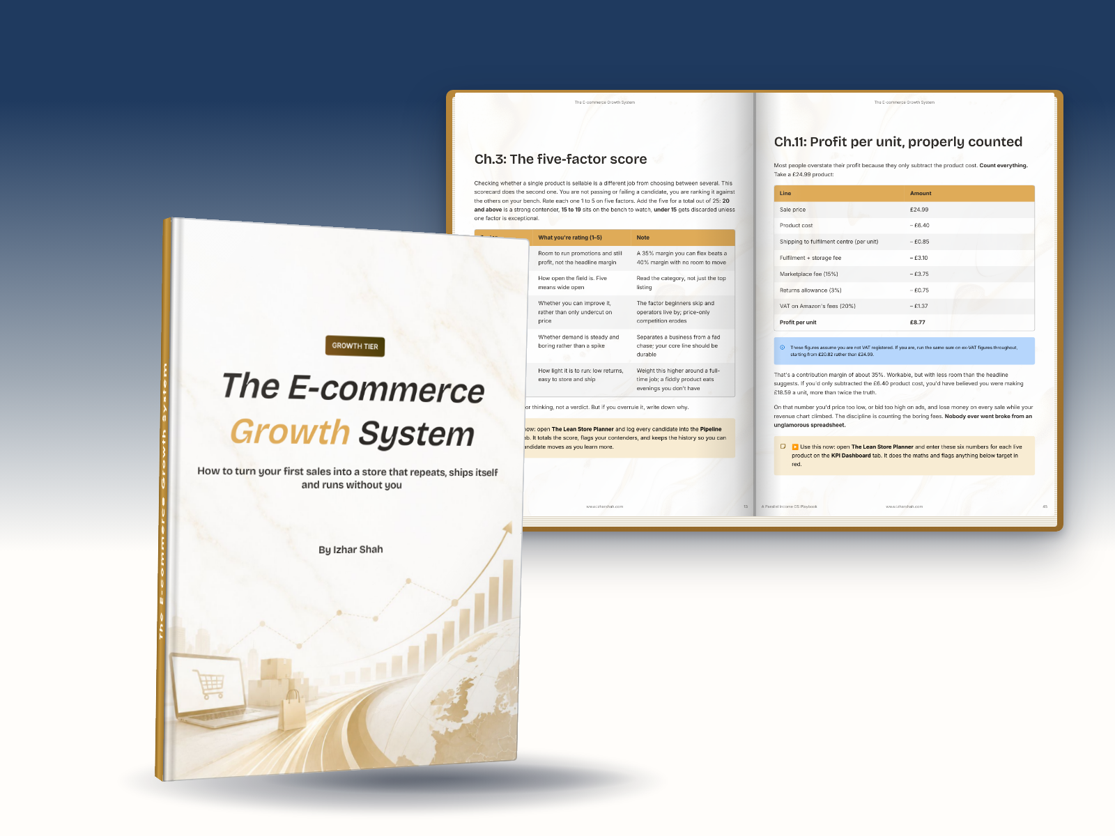 The e-commerce growth system, the book, open at the five-factor score and the profit per unit pages