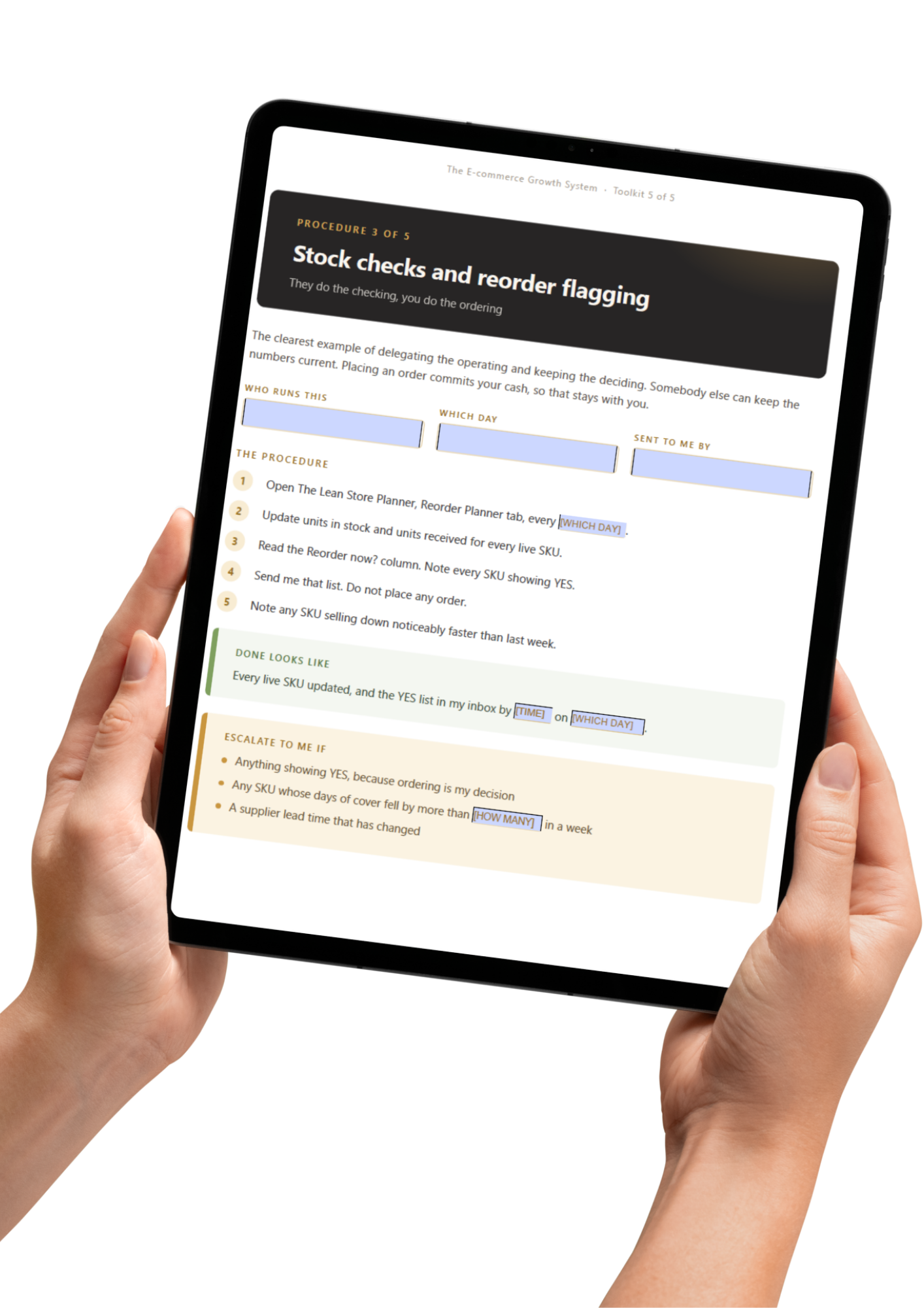A toolkit procedure page on a tablet