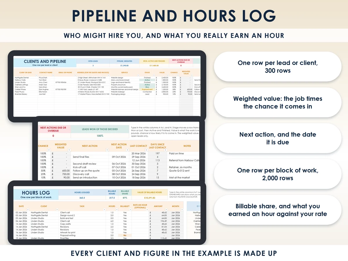 The pipeline and hours log tabs