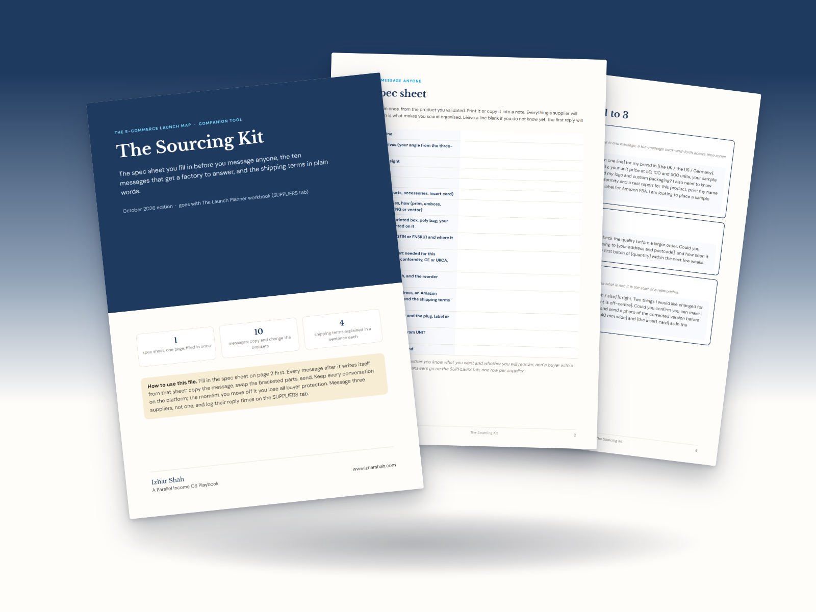 The Sourcing Kit: its cover, the spec sheet and the supplier messages