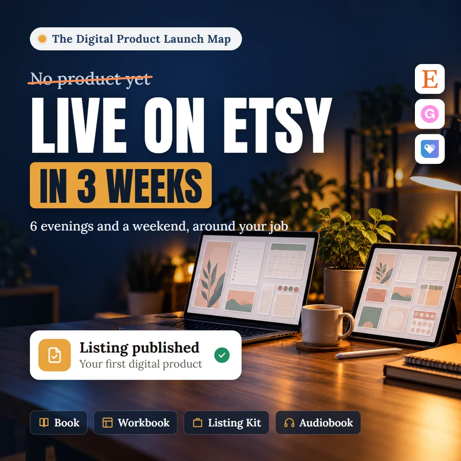The Digital Product Launch Map: from no product yet to live on Etsy in 3 weeks, 6 evenings and a weekend around your job. Book, workbook, Listing Kit and audiobook.