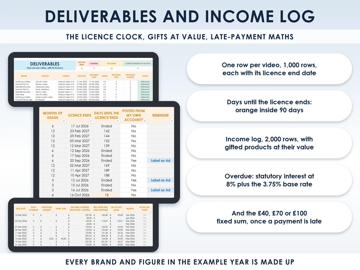 The deliverables and income log tabs