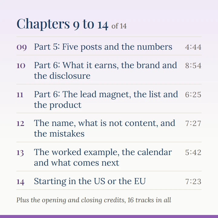 Chapters 9 to 14 of 14: 9, Part 5: Five posts and the numbers (4:44); 10, Part 6: What it earns, the brand and the disclosure (8:54); 11, Part 6: The lead magnet, the list and the product (6:25); 12, The name, what is not content, and the mistakes (7:27); 13, The worked example, the calendar and what comes next (5:42); 14, Starting in the US or the EU (7:23). Plus the opening and closing credits, 16 tracks in all.