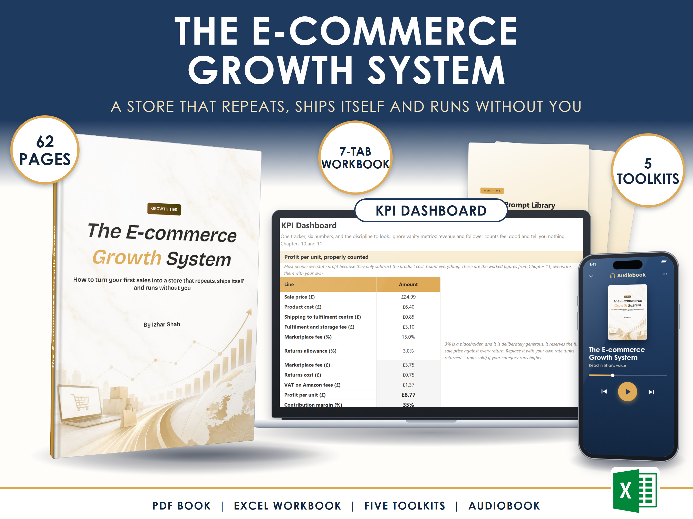 The e-commerce growth system: the book, The Lean Store Planner on a laptop, the five toolkits and the audiobook