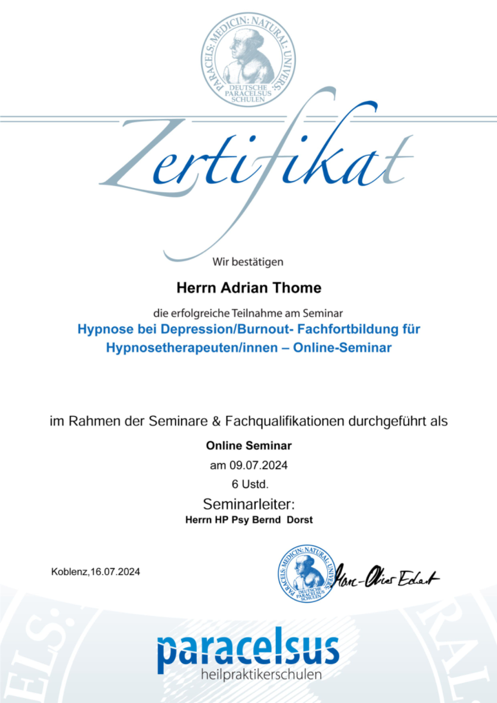 Adrian-Thome-Zertifikat-Paracelsus_Hypnose_3