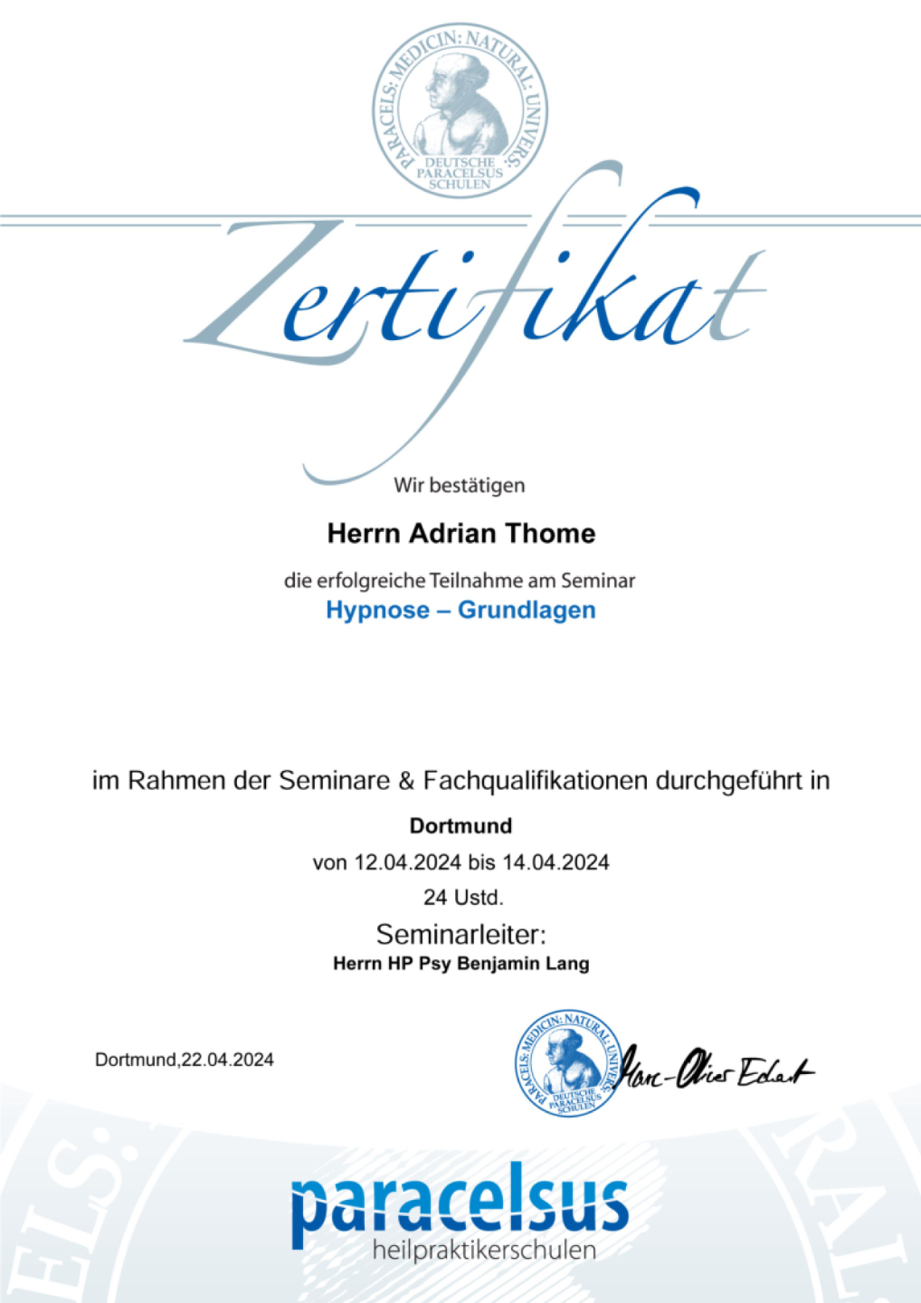 Adrian-Thome-Zertifikat-Paracelsus_Hypnose_1