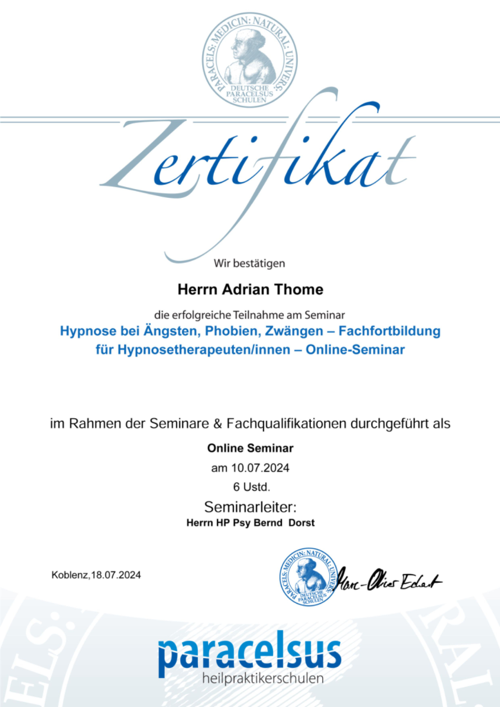 Adrian-Thome-Zertifikat-Paracelsus_Hypnose_2