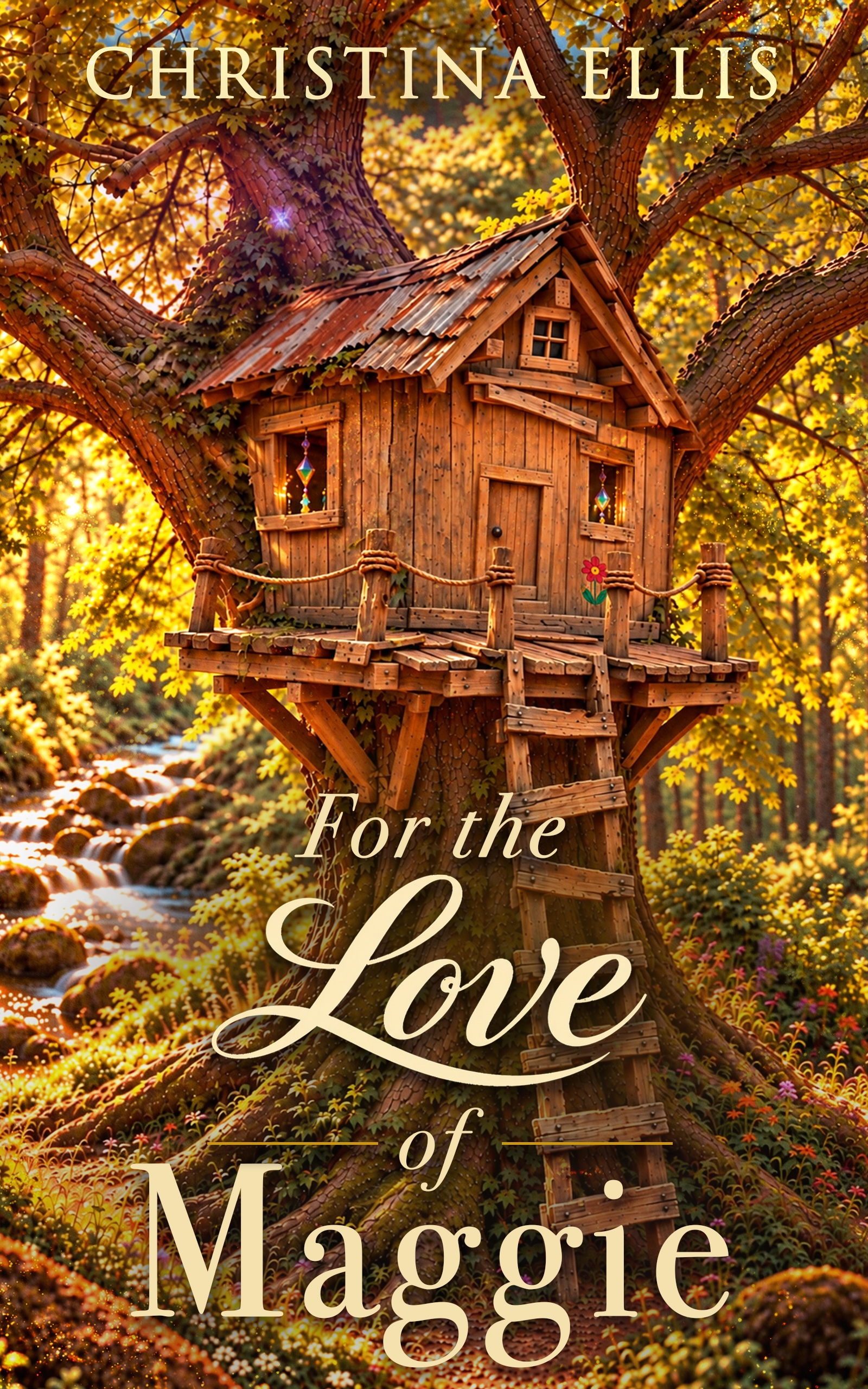 Cover of For the Love of Maggie by Christina Ellis: a glowing treehouse in a great tree beside a forest stream