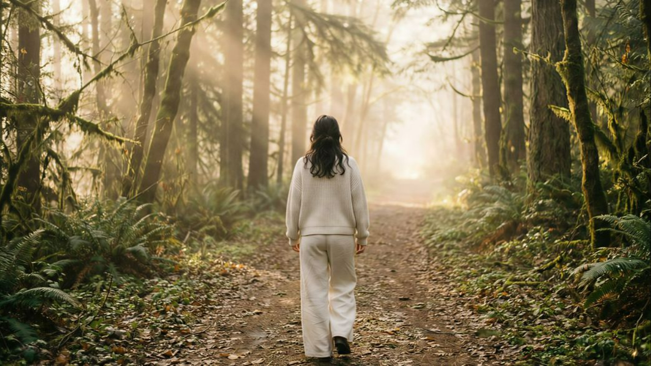 Person walking down a forest path in light fog and light
