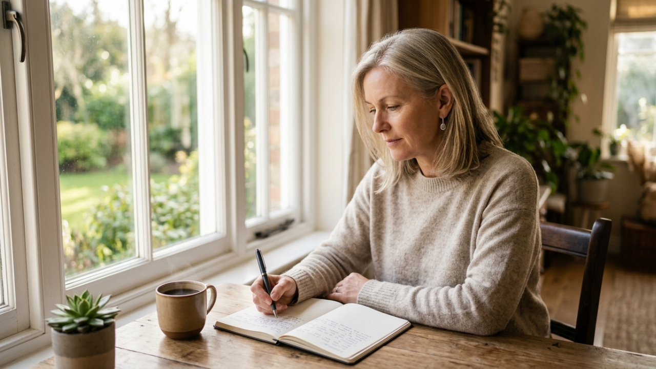 A calm adult woman in her early 50s sitting at a desk near a bright window