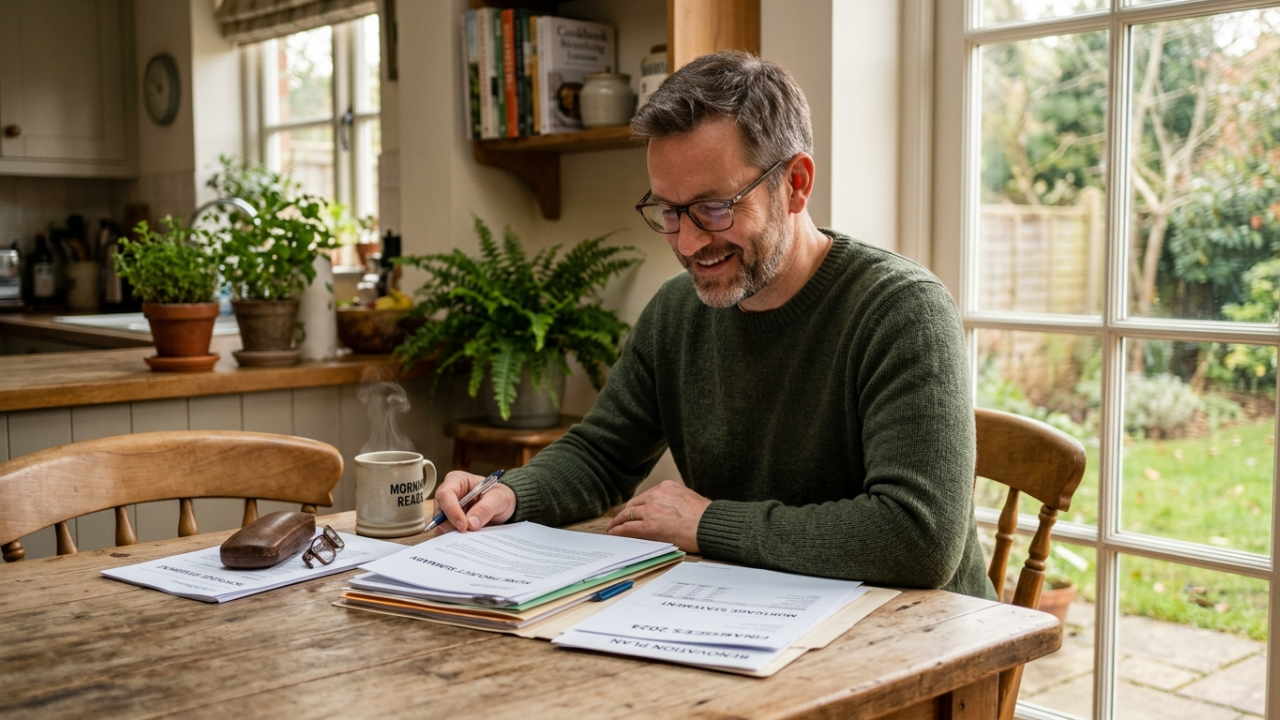 A relaxed man in his 40s sitting at his kitchen table looking over paperwork