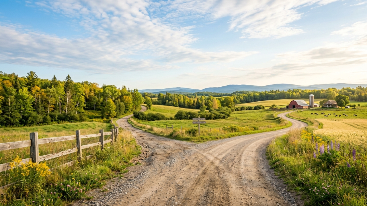 A peaceful country road splitting into two paths under a bright blue sky