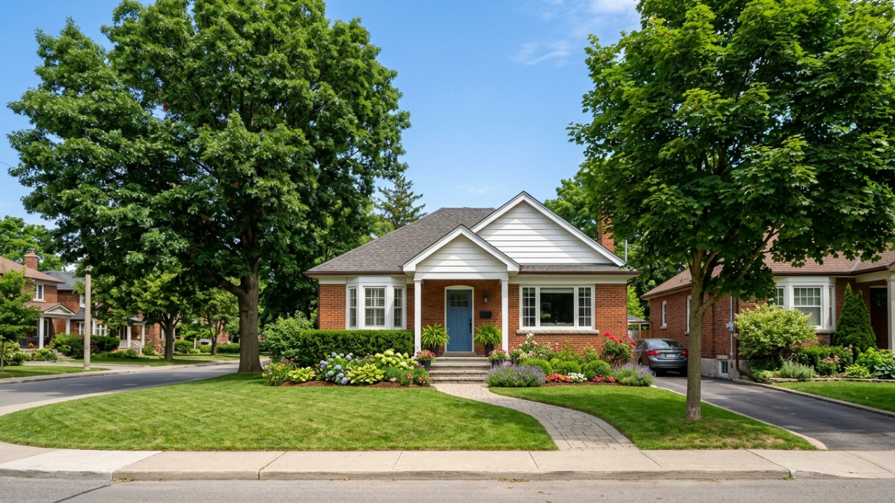The exterior of a well-maintained, modest Canadian home on a sunny day